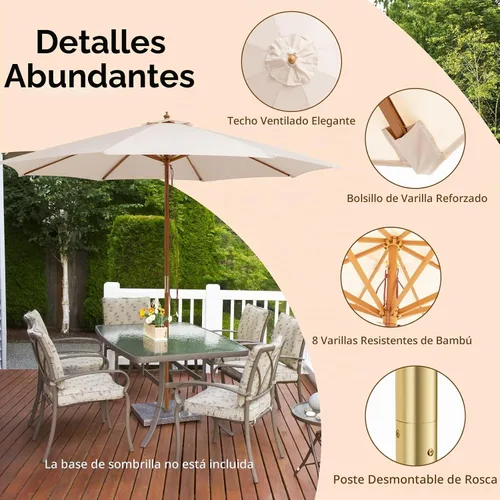 Vista 3 de HAPPYGRILL Sombrilla de madera para patio de 10 pies con polea de cuerda y Beige