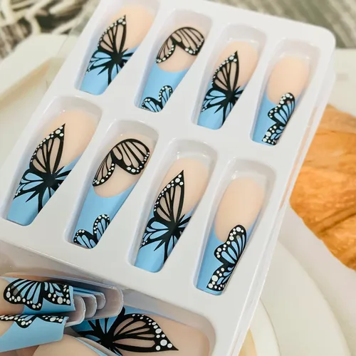 Vista 4 de Uñas postizas a presión de longitud cuadrada larga, cobertura completa, reutilizables, uñas postizas de bailarina, uñas adhesivas con diseños