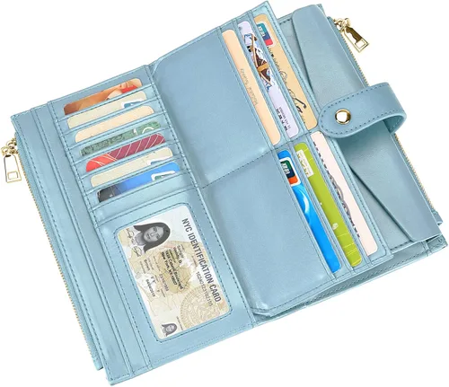 Vista 4 de YALUXE Billeteras con doble cremallera para mujer, cartera para teléfono celular, tarjetero de cuero vegano