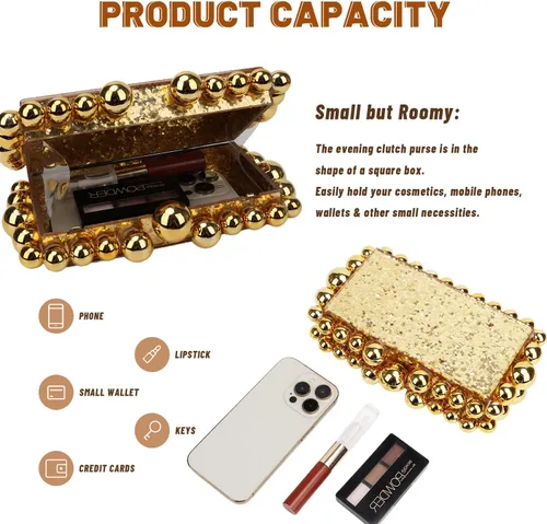 Vista 4 de Fecialy Acrylic Clutch Purse for Women Marble Handbags Pearl Evening Clutch Bag Beads Square Cross Body Bag for Wedding Party