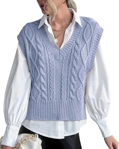 Vista 11 de Chaleco de suéter para mujer Lueluye V cuello sin mangas de punto sólido casual acanalado estilo preppy Beige