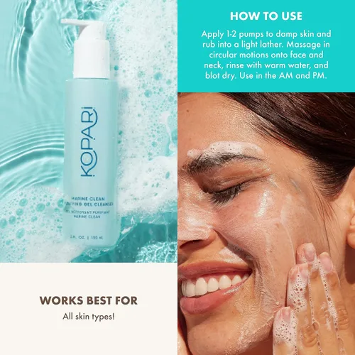 Vista 5 de Kopari Marine Clean Limpiador en gel purificador, infundido con aminoácidos y vitamina B5, limpiador de gel a espuma de doble acción, suave