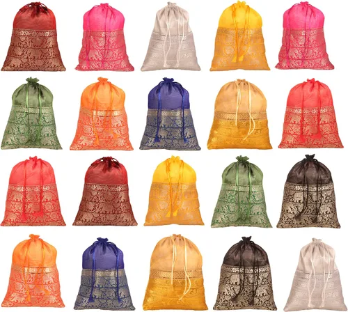 Vista 9 de Touchstone Bolsas de cordón tradicionales indias hechas a mano en tejido brocado con patrón de hojas de ficus. Perfecto para regalos, joyas, bodas