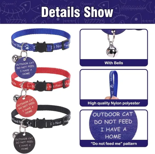 Vista 4 de KOOLTAIL Collar de gato con campana, paquete de 3 collares para gatos con tabla de advertencia para colgar «Do Not Feed Me», lindo collar ligero