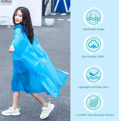 Vista 2 de Poncho de lluvia para niños, reutilizables, paquete de 2 abrigos impermeables de EVA con capucha para niños y niñas