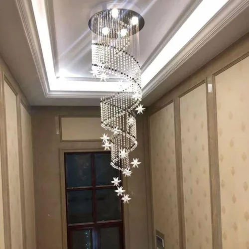 Vista 7 de Moderna lámpara colgante de cristal K9 con forma de gota de lluvia en espiral de cristal, lámpara colgante para sala de estar, hotel, escaleras