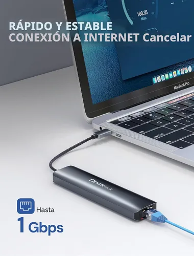 Vista 5 de dockteck Hub USB C 7 en 1 con HDMI 4K 60Hz, Ethernet de 1 Gbps, entrega de energía de 100 W, ranuras para tarjetas SD/TF, puertos de datos USB 3.0