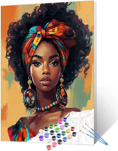 Vista 21 de Pintura de niña afro a la moda, kits de pintura por números, 16 x 20 pulgadas, lienzo de hojas tropicales, pintura al óleo para niños y adultos