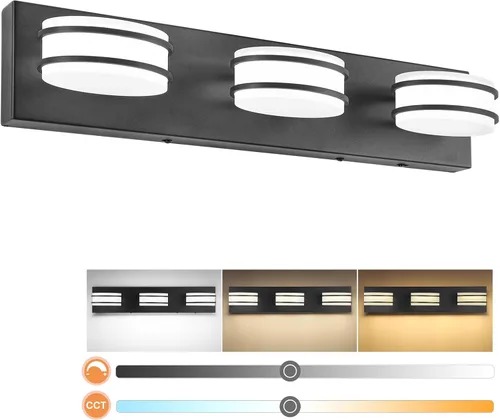 Vista 16 de 3 lámparas de baño regulables de temperatura de color para sobre espejo, lámparas de tocador LED cromadas de 3 luces, lámparas de tocador de baño