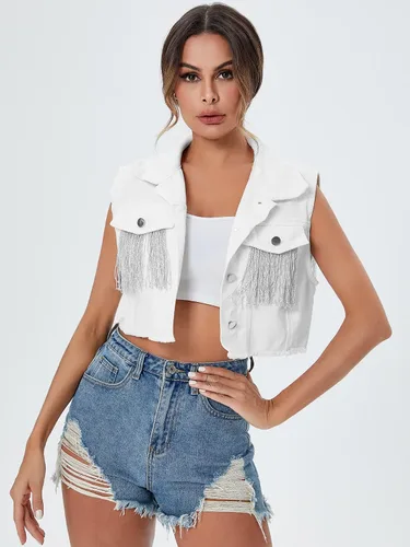 Vista 2 de Verdusa Chaleco de mezclilla sin mangas con flecos y flecos para mujer