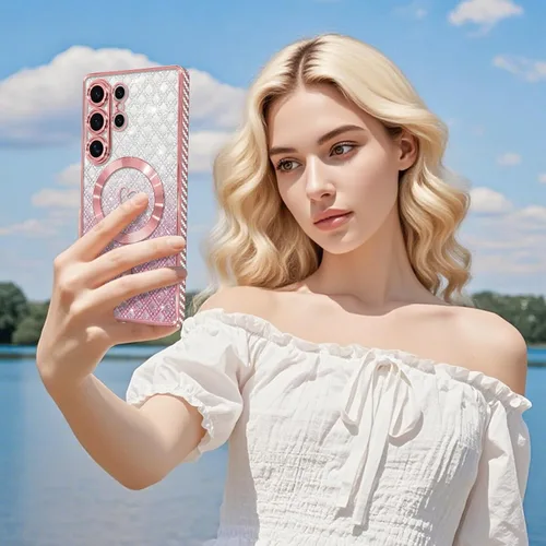 Vista 650 de Bonoma - Funda compatible con Samsung Galaxy S21 Plus, diseño de corazón con purpurina, color rosa Support for MagSafe, Plating Magnetic Case TPU