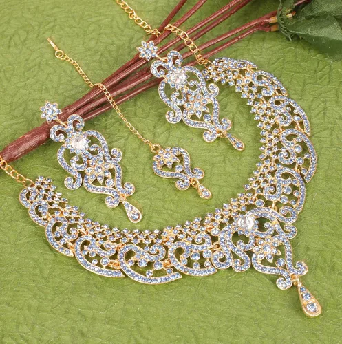 Vista 85 de Conjunto precioso de collar con look real Indian Bollywood, maravillosamente decorado, conjunto de collar adornado para mujer.