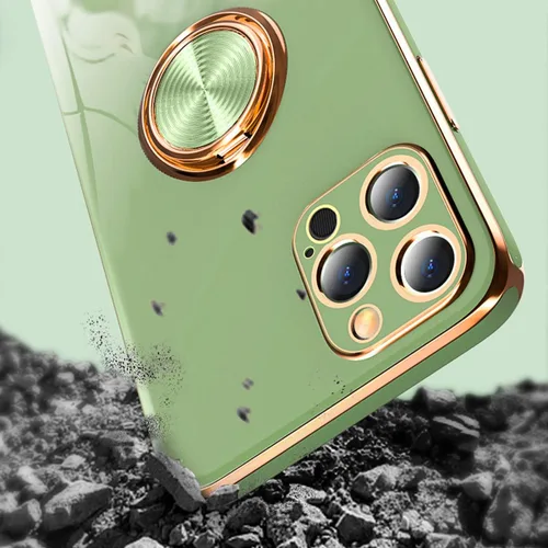 Vista 4 de aowner Funda compatible con iPhone 11 Pro Max con anillo chapado brillante, borde de oro rosa, soporte de rotación de 360 grados para mujeres