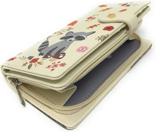 Vista 3 de Shag Wear Billetera grande con diseño de mapache para adolescentes, niñas y mujeres, piel vegana, 7 pulgadas de alto, color beige, Beige, Moderno