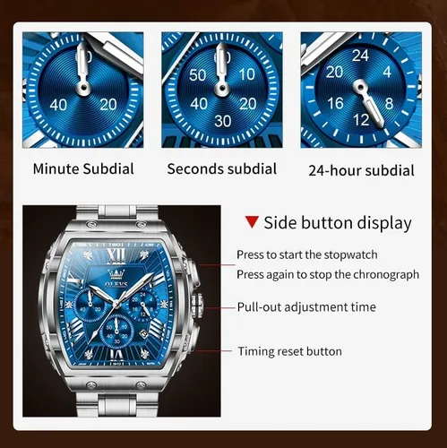 Vista 6 de OLEVS Relojes para Hombres Cronógrafo Impermeable Cara Rectangular Fase Lunar Correa de Acero Inoxidable Relojes de Vestir para Hombres Luminoso