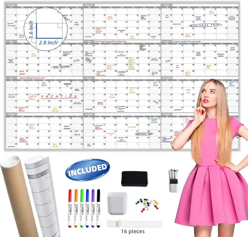 Vista 10 de Calendario de pared grande de borrado en seco, calendario de pared anual sin fecha en blanco, pizarra blanca de 38 x 26 pulgadas, planificador