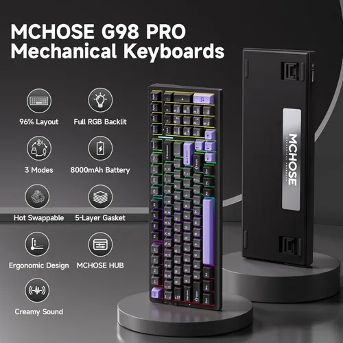 Vista 2 de MCHOSE Teclado mecánico inalámbrico G98 PRO, teclado para juegos de conexión de tres modos, estructura de junta personalizada intercambiable