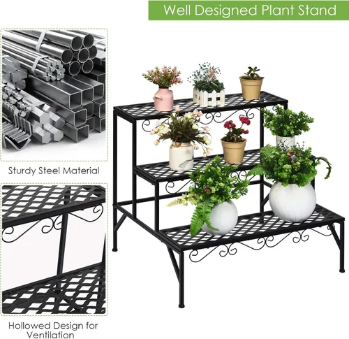 Vista 6 de Giantex Soporte de metal negro para plantas de 3 niveles, soportes de metal para plantas con 6-9 soportes de capacidad en maceta, estante