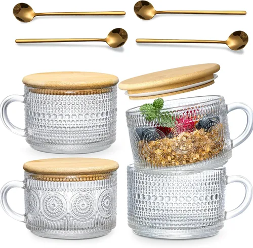 Vista 8 de Tazas de café vintage, contenedores de avena nocturna con tapas y cucharas de bambú - Tazas de vidrio claro grabado de 14oz, lindos accesorios