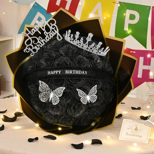 Vista 3 de Waipfaru Ramo de rosas con purpurina, regalos de cumpleaños para mujeres y madres, ramo de flores falsas con letreros de cumpleaños, 36 rosas negras
