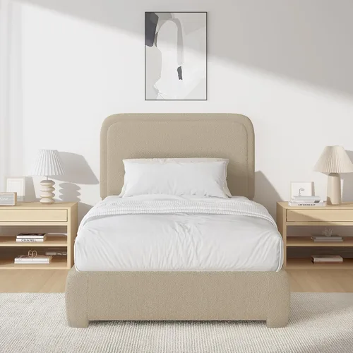 Vista 3 de BarnFurin Base de cama individual con cabecero, cama de plataforma tapizada Cloud Boucle, esquinas redondeadas suaves, no necesita somier, Beige