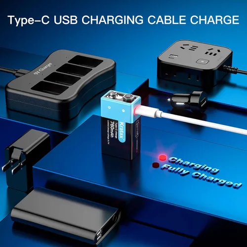 Vista 5 de Kratax Baterías de litio recargables USB de 9 V, paquete de 2 baterías recargables de iones de litio de 760 mAh de 9 voltios con cable de carga