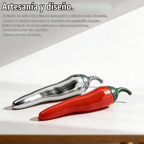 Vista 2 de Paquete de 2 antorchas con forma de chile, rojo y verde, encendedores de butano, llama de chorro ajustable a prueba de viento, recargable, cocina 422