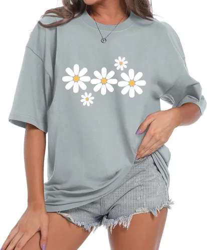 Vista 3 de Faktuzi - Camisas de margaritas para mujer, camisetas de gran tamaño, camisetas gráficas de flores, camisetas vintage con estampado floral y cuello
