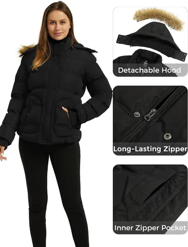 Vista 6 de wantdo - Abrigo de invierno con capucha para mujer, chaqueta acolchada gruesa, parka cálida Negro