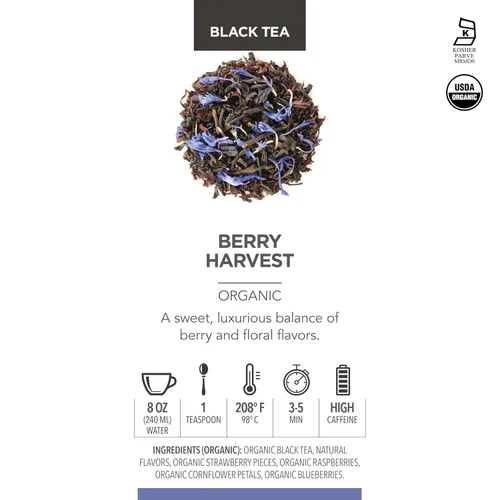 Vista 3 de Teabloom Té negro orgánico afrutado, té de hojas sueltas de cosecha de bayas, certificado orgánico y kosher, mezcla de hojas enteras frescas