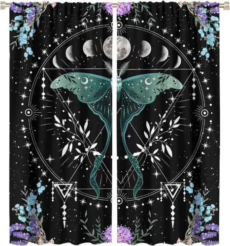 Vista 28 de Cortinas de mariposa de fantasía, polilla, sol, luna, estrella, arte floral, estampado floral, bolsillo para barra, cortinas opacas para ventana