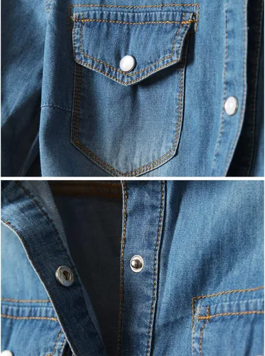 Vista 4 de Omoone Camisa corta de mezclilla para mujer, con manga 34 y nudo