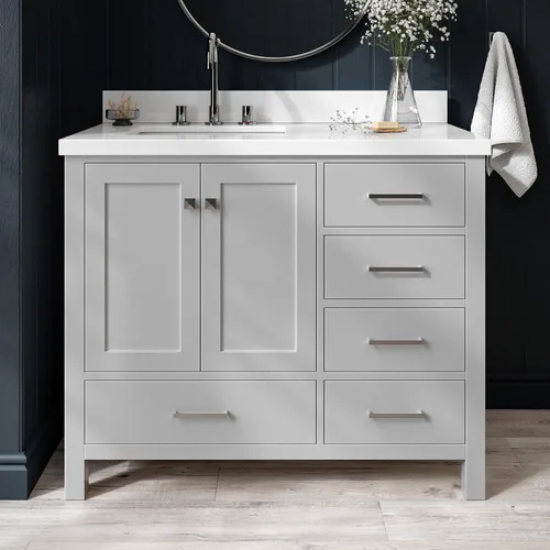 Vista 24 de ARIEL Cambridge - Mueble de baño con lavabo de 42 pulgadas, madera maciza, encimera de cuarzo blanco puro de 1.5 pulgadas, fregadero rectangular