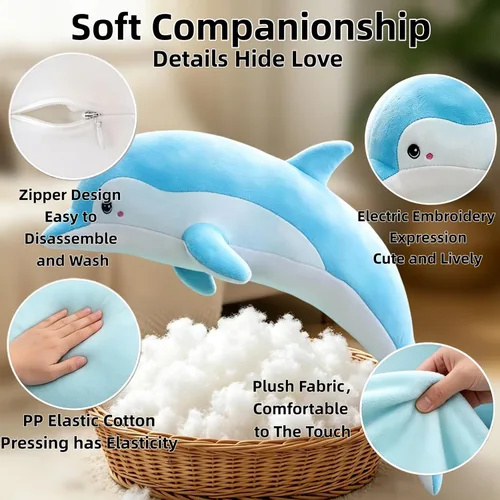 Vista 5 de RYOLOY Almohada de peluche de delfín, almohada gigante de peluche de 39.3 pulgadas, suave felpa del océano marino, regalos para todas las edades