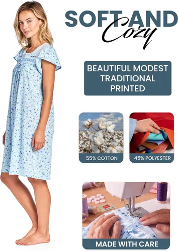 Vista 3 de Casual Nights Camisón de manga larga para mujer, diseño floral. Azul