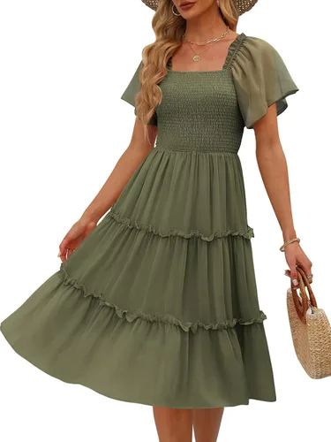 Vista 12 de LILLUSORY Vestido midi fruncido con cuello cuadrado y mangas con vuelo Negro