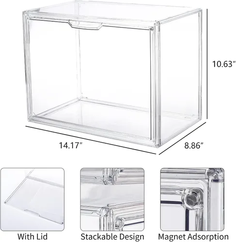 Vista 2 de FABROK Caja Organizadora de Almacenamiento de Libros Transparente, Estuche de Exhibición de Libros de Plástico Apilable con Puerta Magnética