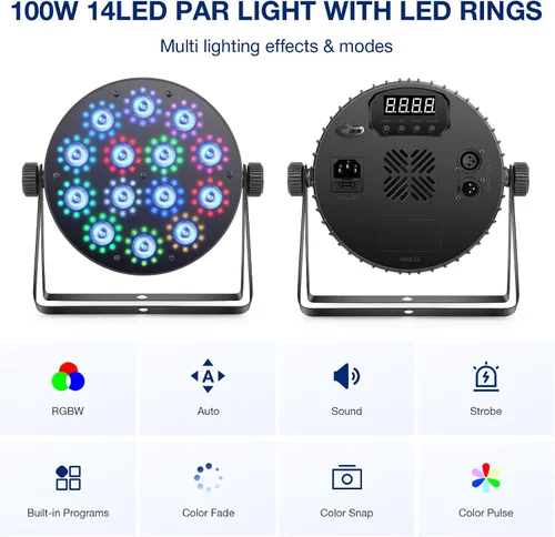 Vista 3 de Luces LED Par de escenarios: 100 W regulables de doble efecto 10 anillos LED rodeado de 14 RGBW Par Can - Control remoto y DMX - para fiesta de DJ