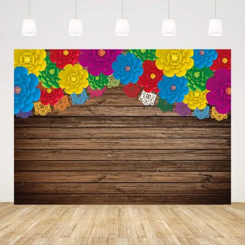 Vista 3 de AIBIIN Telón de fondo de fotos de fiesta mexicana de 8 x 6 pies, banderas rústicas de madera con flores coloridas, fondo de fotografía, cumpleaños