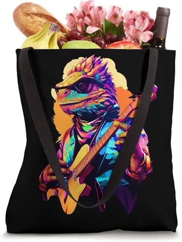 Vista 4 de Cool animal lovers synthwave art bearded dragon guitarist Tote Bag