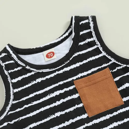 Vista 4 de Conjunto de ropa de 2 piezas con bolsillo a rayas y cordón enrollado para bebé niño