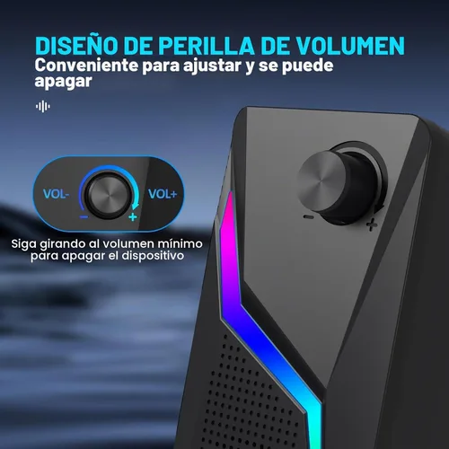 Vista 8 de Altavoces de computadora para PC de escritorio, alimentados por USB con conexión AUX, 6 modos de iluminación RGB, control de perilla de volumen