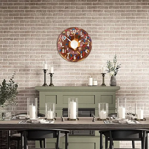Vista 7 de Reloj de pared redondo de madera con forma de dona y alimento, movimiento de barrido, reloj de pared de estilo moderno, adecuado para dormitorio