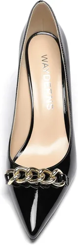 Vista 4 de WAYDERNS Zapatos de tacón alto para mujer, diseño de cadena de metal dorado, patente, puntera puntiaguda, zapatos de tacón alto de 3.5 pulgadas