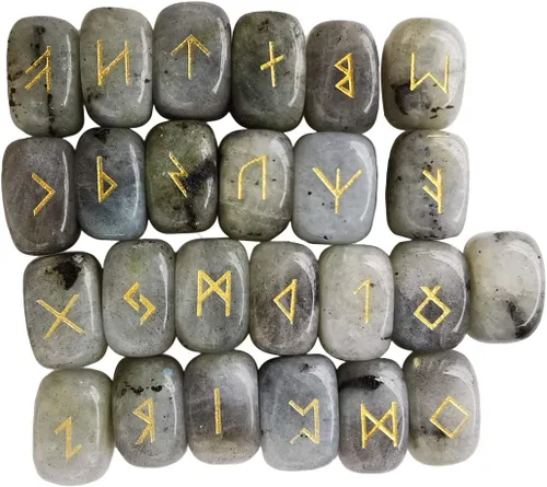 Vista 2 de Juego de piedras naturales de runa, pulido grabado del alfabeto de anciano con letras mágicas para meditación, adivinación, curación de chakras