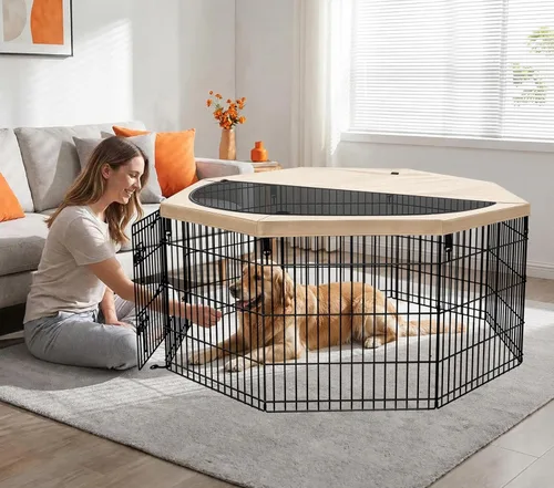 Vista 19 de PETIME - Corral plegable de metal para ejercicio de perros/Parque de juegos para cachorros con 8 paneles para interior/exterior, valla de patio