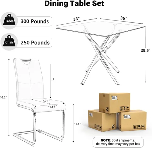 Vista 4 de Juego de mesa de comedor de 36 pulgadas para 4, moderna parte superior cuadrada de vidrio templado, mesa de patas de acero inoxidable con acabado