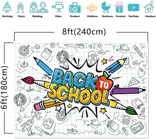 Vista 5 de Telón de fondo de dibujos animados de 7 x 5 pies para decoración de aula, primer día de escuela, telón de fondo de fotografía, suministros de fiesta