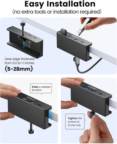Vista 7 de ORICO Hub USB 3.0, Hub USB con Abrazadera con Puerto de Alimentación Extra, Adaptador USB de Aluminio de 4 Puertos con 3 Puertos de Datos USB-A
