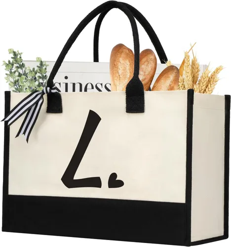 Vista 7 de shenee Initial Canvas Tote Bag, Personalized Beach Bags Gift for Women